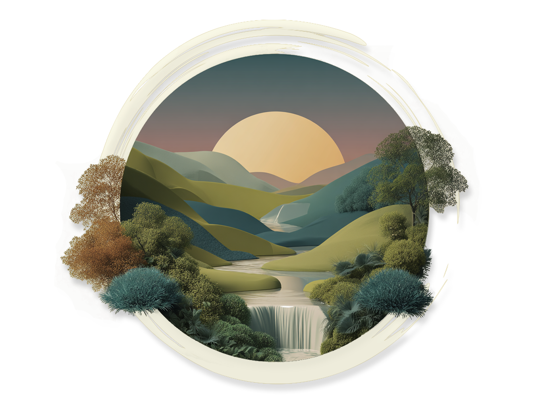 Illustrated image of a waterfall between rolling hills