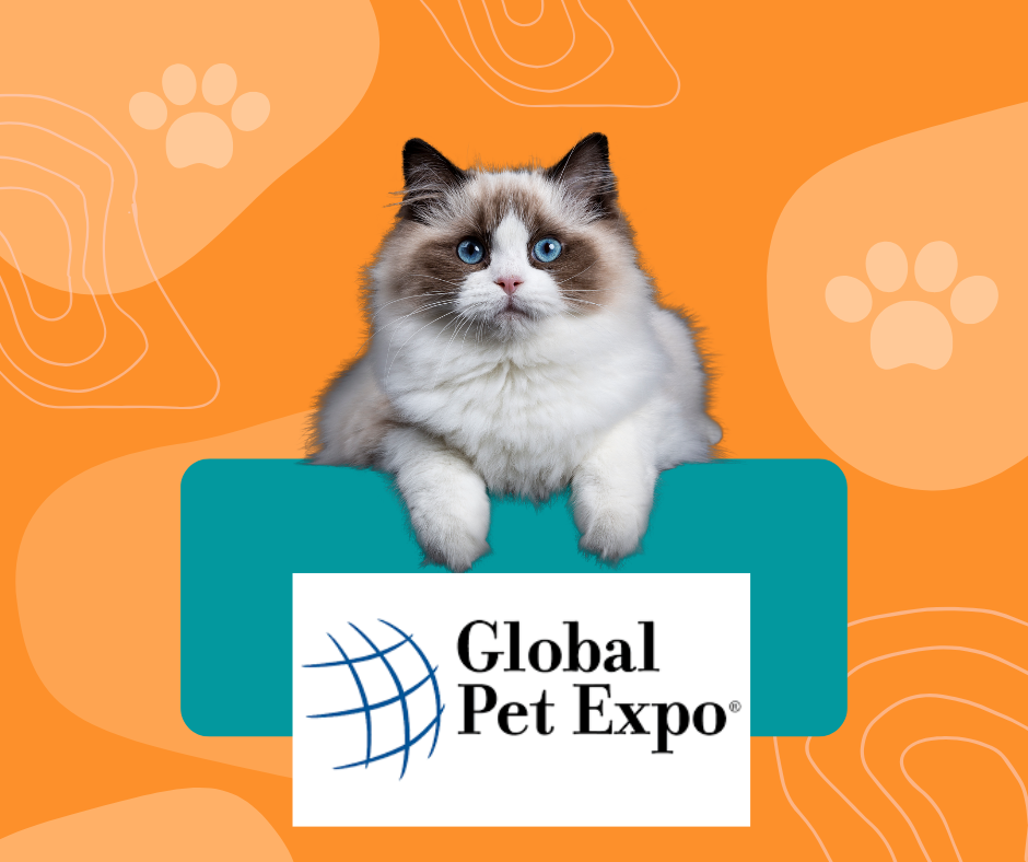 Cat with a global pet expo sign