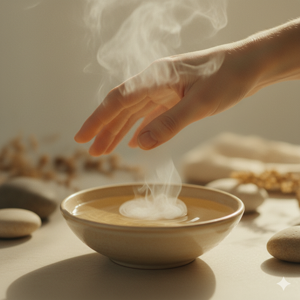 A hand is sprinkling a substance into a steaming bowl of soup or tea on a beige surface with stones and additional bowls in the background.