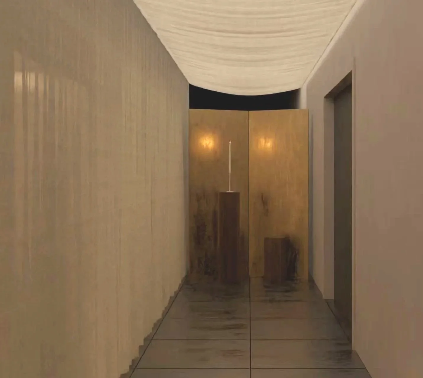 A narrow hallway with wooden accents, marble flooring, and soft lighting. At the end, there is a wooden room divider and a small pedestal with a thin, tall object on it.