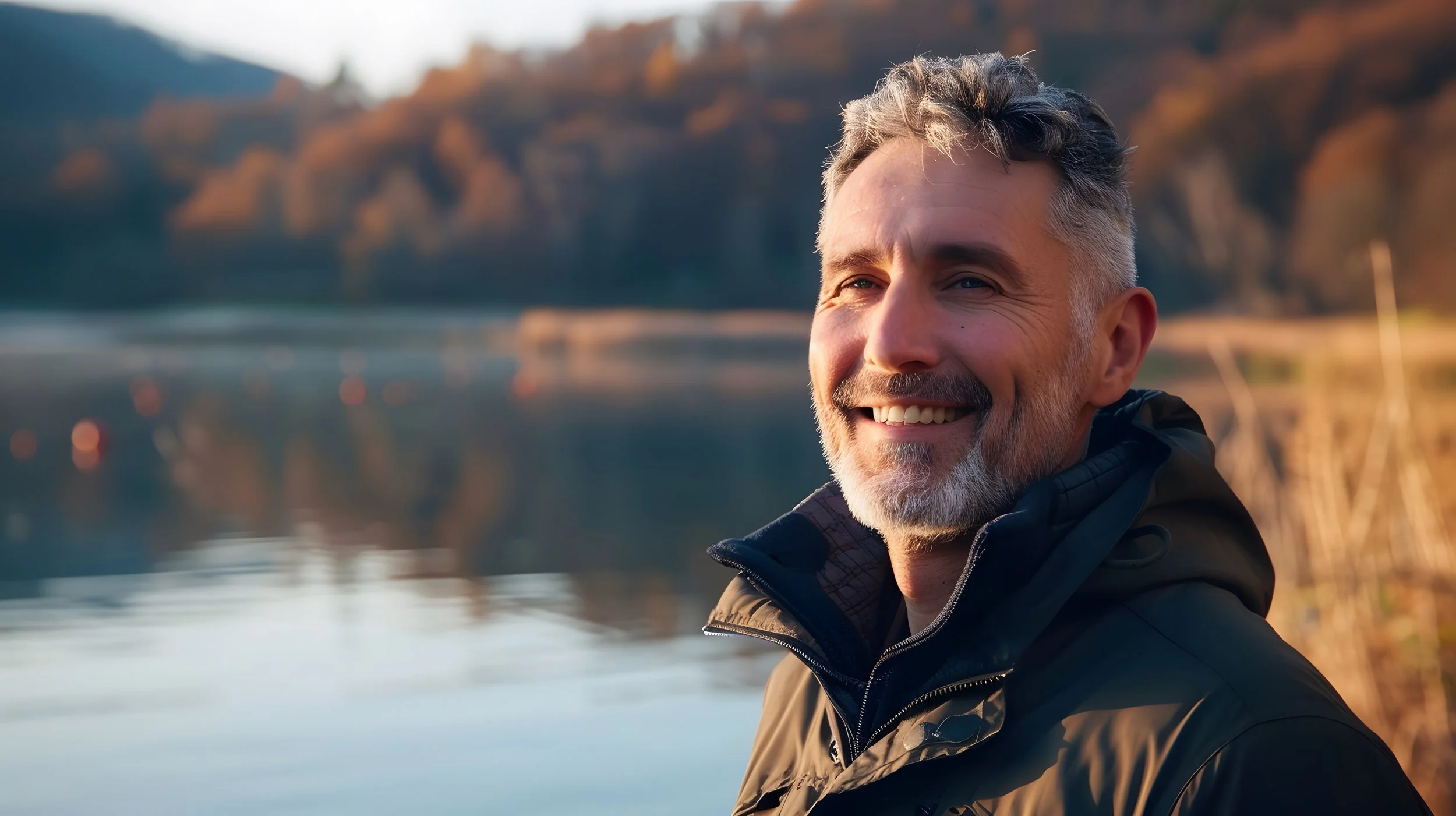 A middle-aged man with gray hair and a beard smiling outdoors near a body of water during sunset, with mountains and trees in the background.