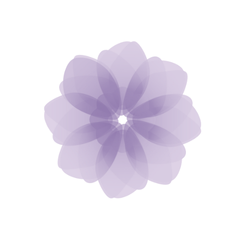 A stylized, symmetrical purple flower with layered petals and a black background.