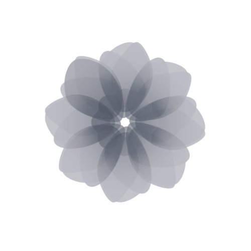 A stylized, symmetrical geometric flower design with overlapping semi-transparent petals in shades of gray.