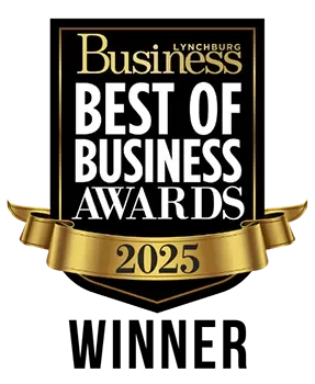 Lynchburg Business Best of Business Awards 2025 logo with black background, gold ribbon, and bold white and gold text.