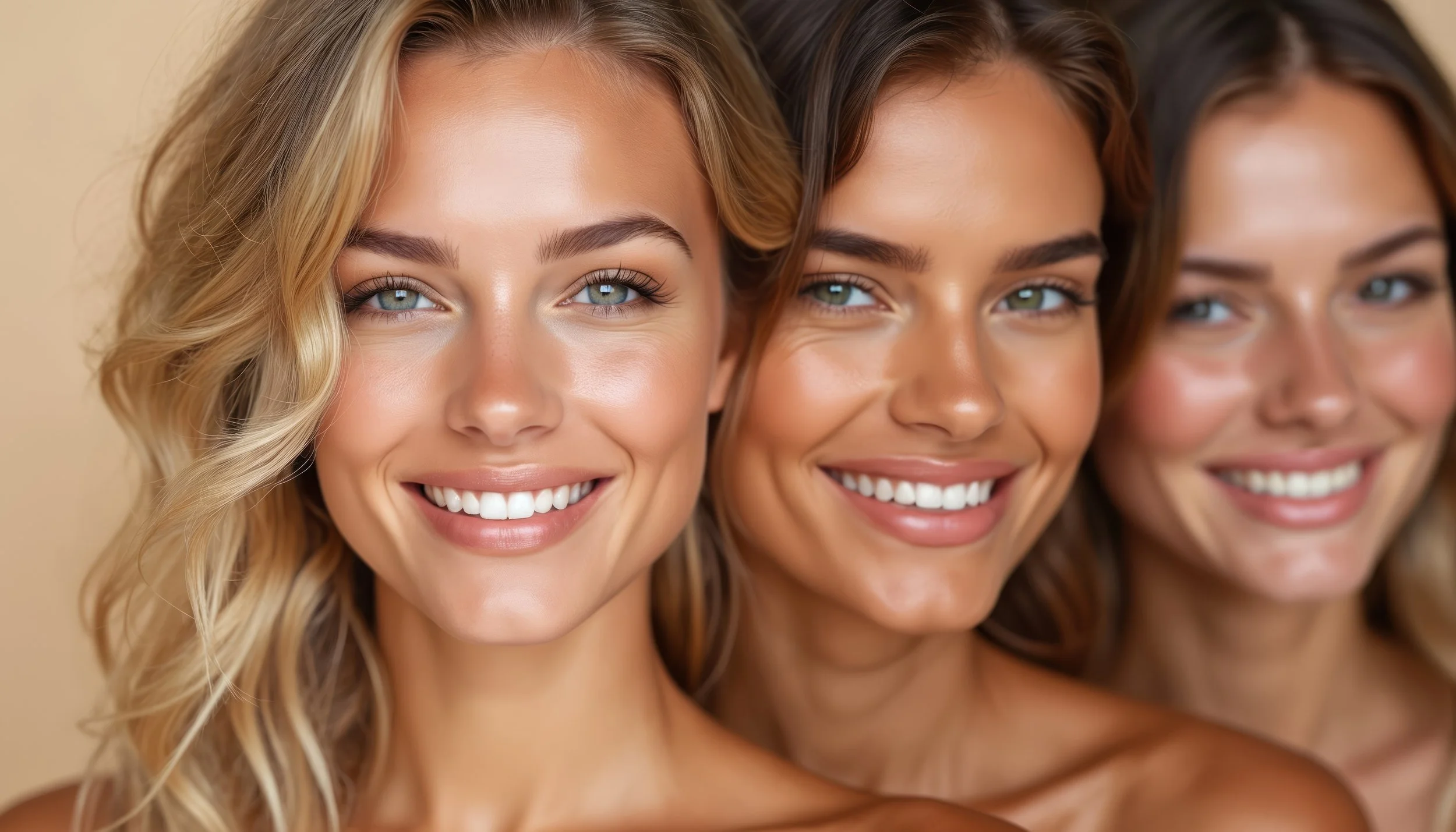 Three smiling women with different hair colors and styles posing closely together, showing their faces and shoulders against a neutral background.