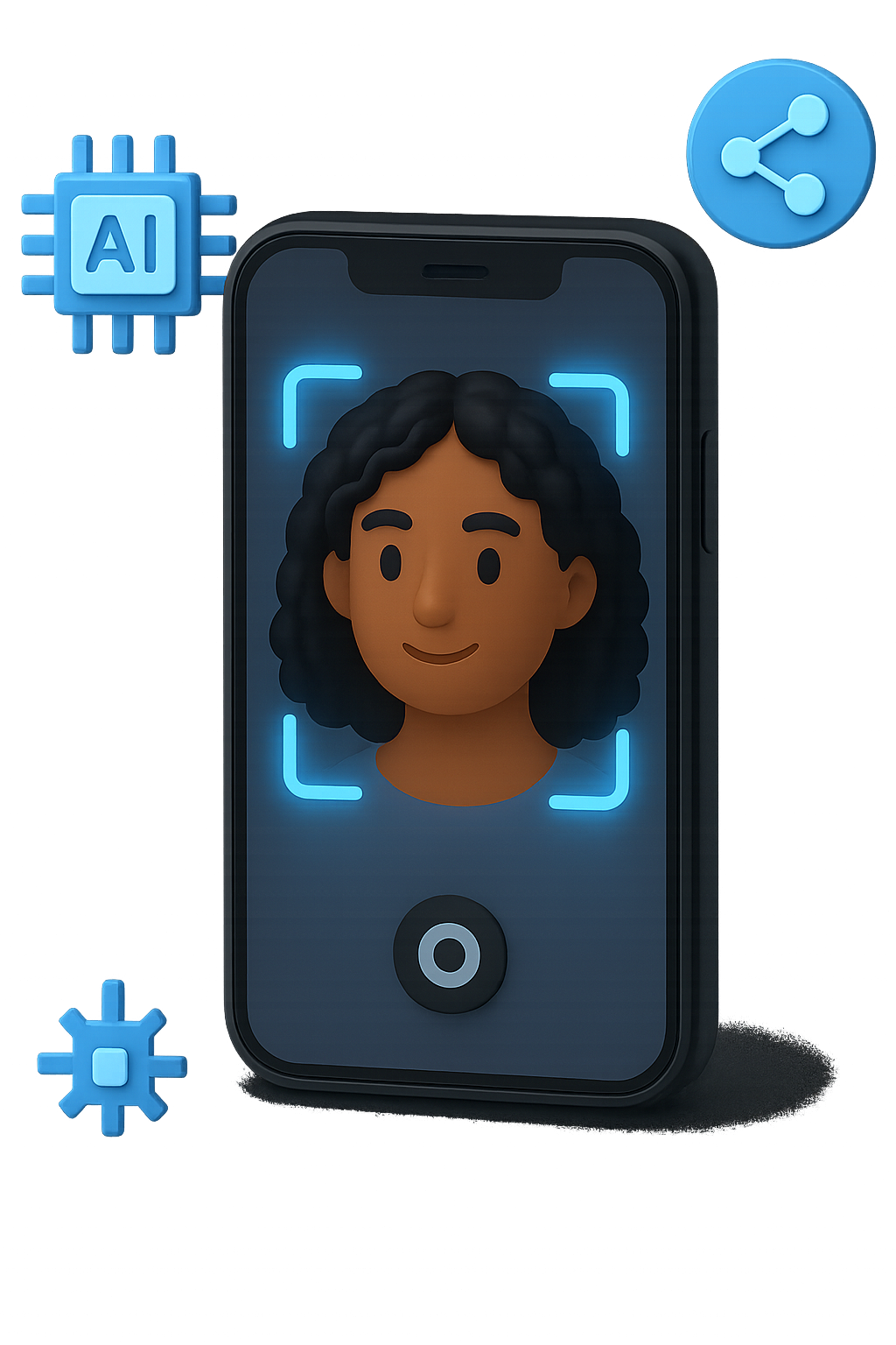 Une illustration représentant une reconnaissance faciale sur un smartphone avec des icônes de partage et d'intelligence artificielle.