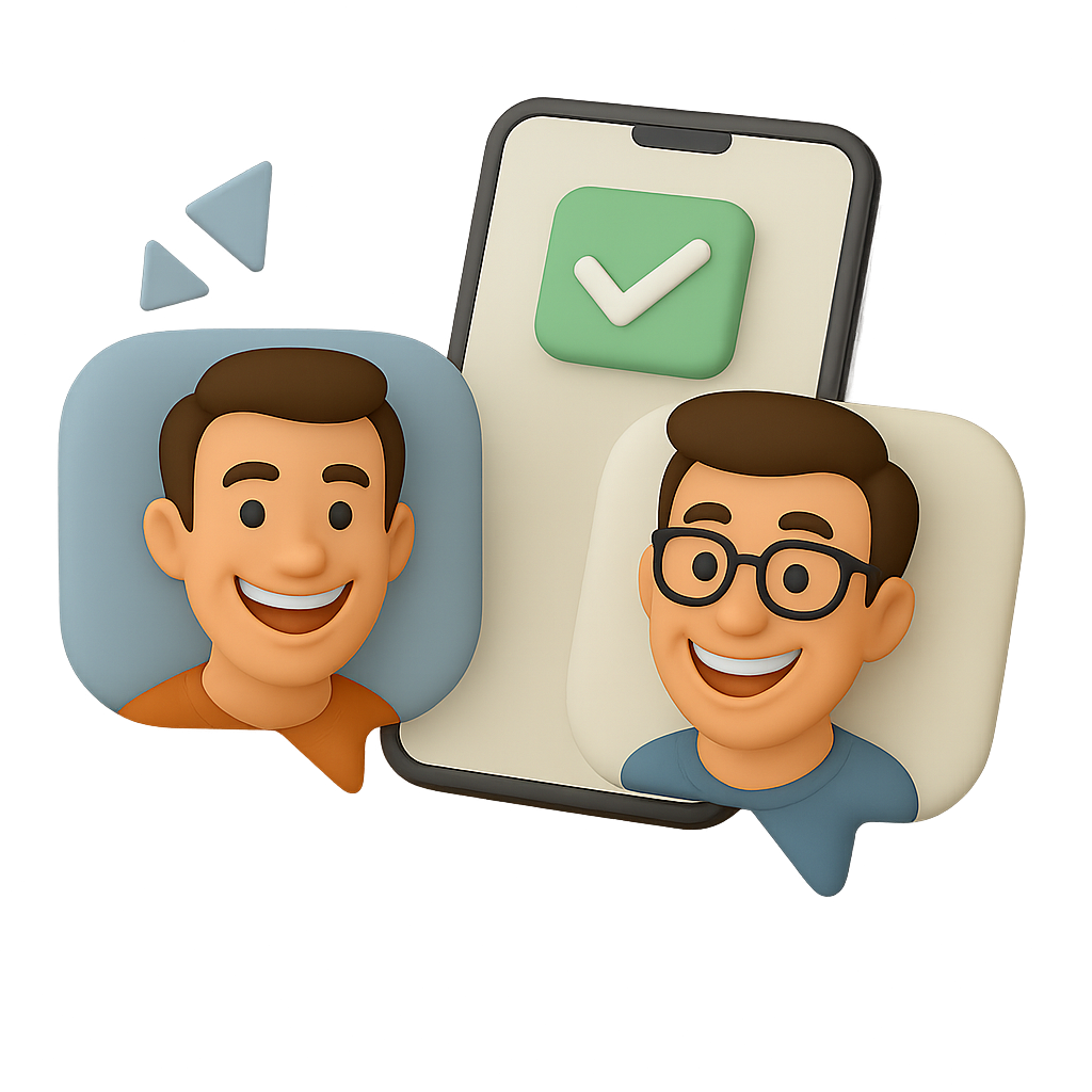 Illustration numérique montrant deux personnages cartoon souriants face à un smartphone avec une coche verte à l'écran, suggérant une conversation ou une confirmation de succès.