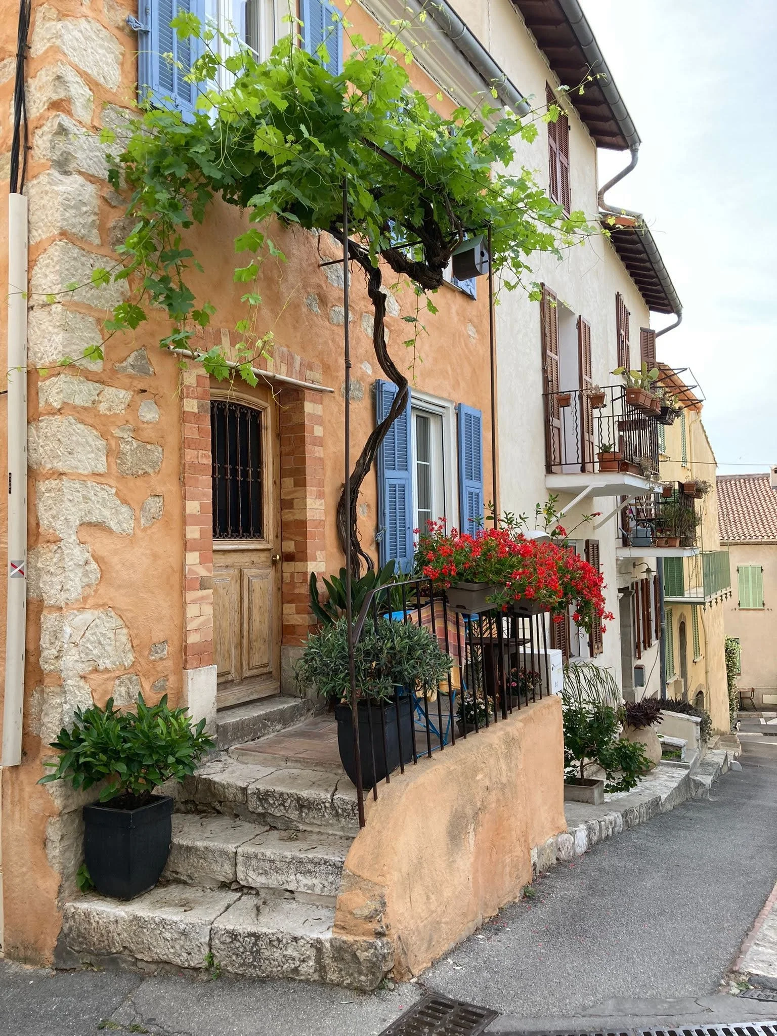 A rustic building with a small porch, stone steps, and colorful flower pots. Green vine climbs up a post and blue shutters on the windows. Balconies with plants and clothing are visible.