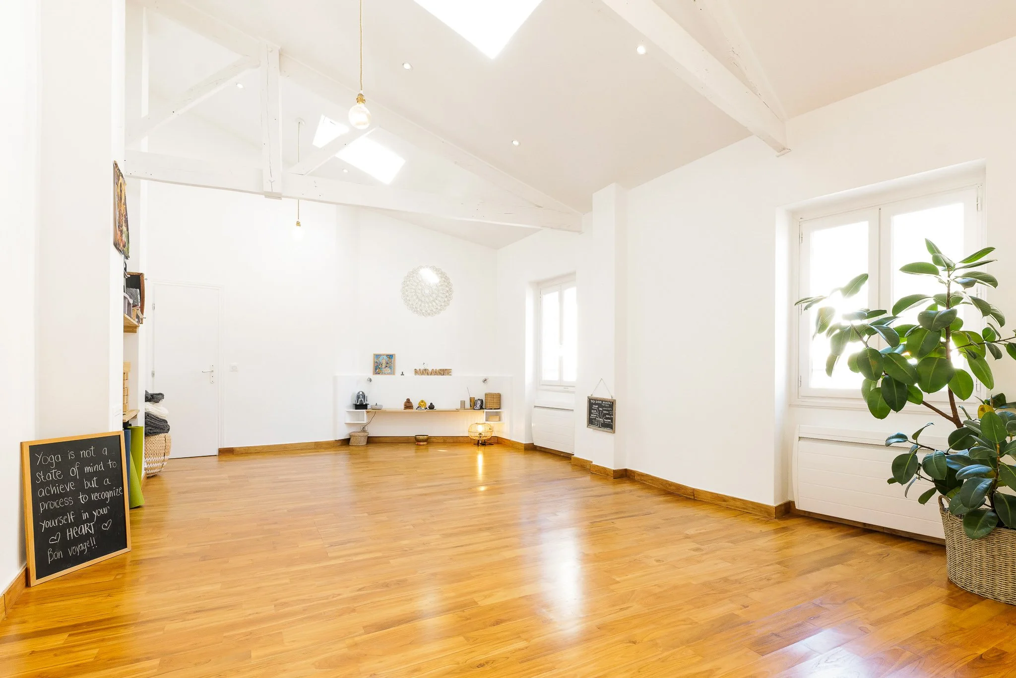 Bright, spacious room with white walls, wooden floor, large windows, and minimal decor including a bookshelf, blackboard, and potted plant.