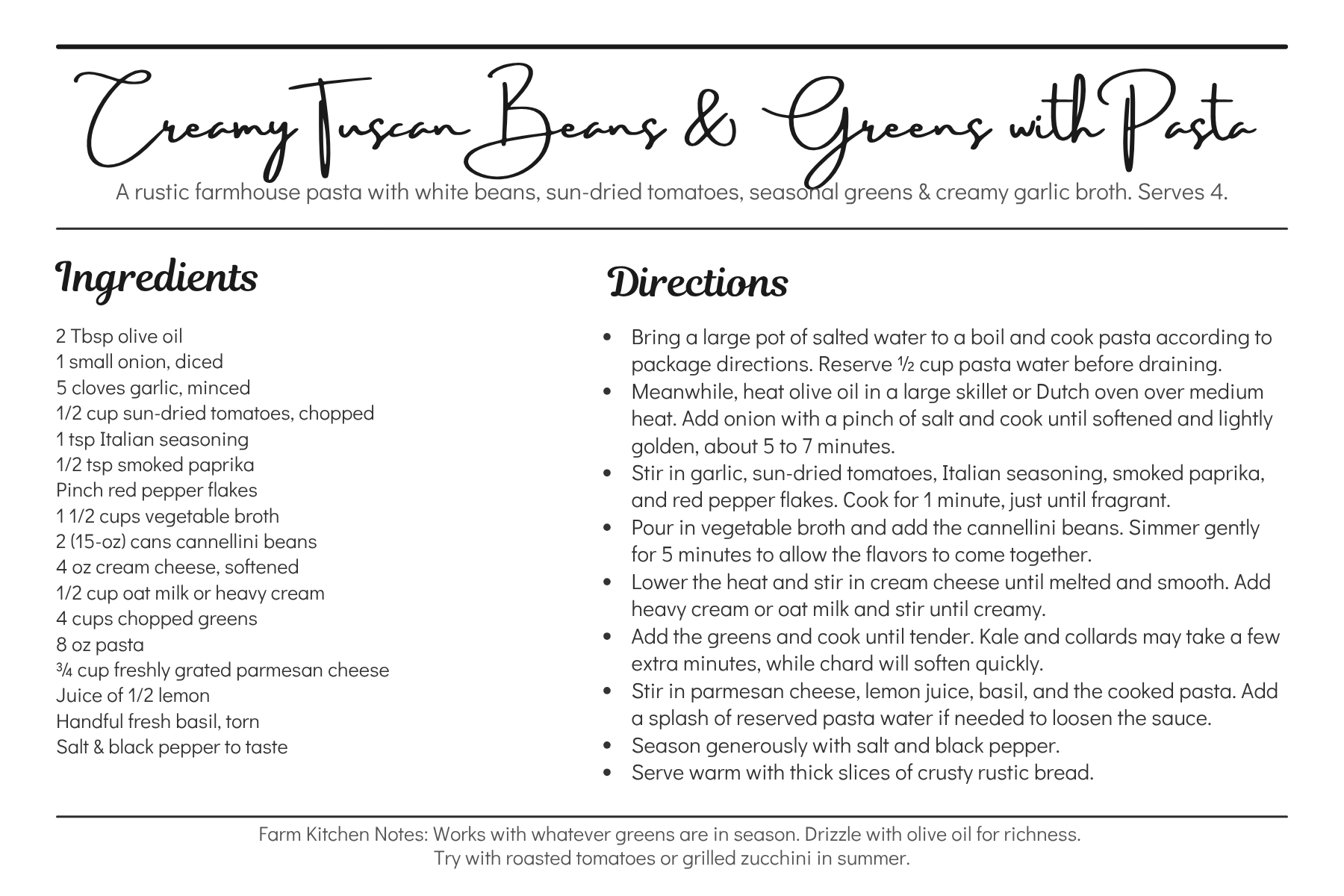 Creamy Tuscan Beans & Greens Recipe Card