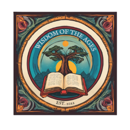 A circular emblem with the text "Wisdom of the Ages" at the top, featuring a tree growing from an open book, with a sunset or sunrise behind it, and decorative floral elements in each corner.