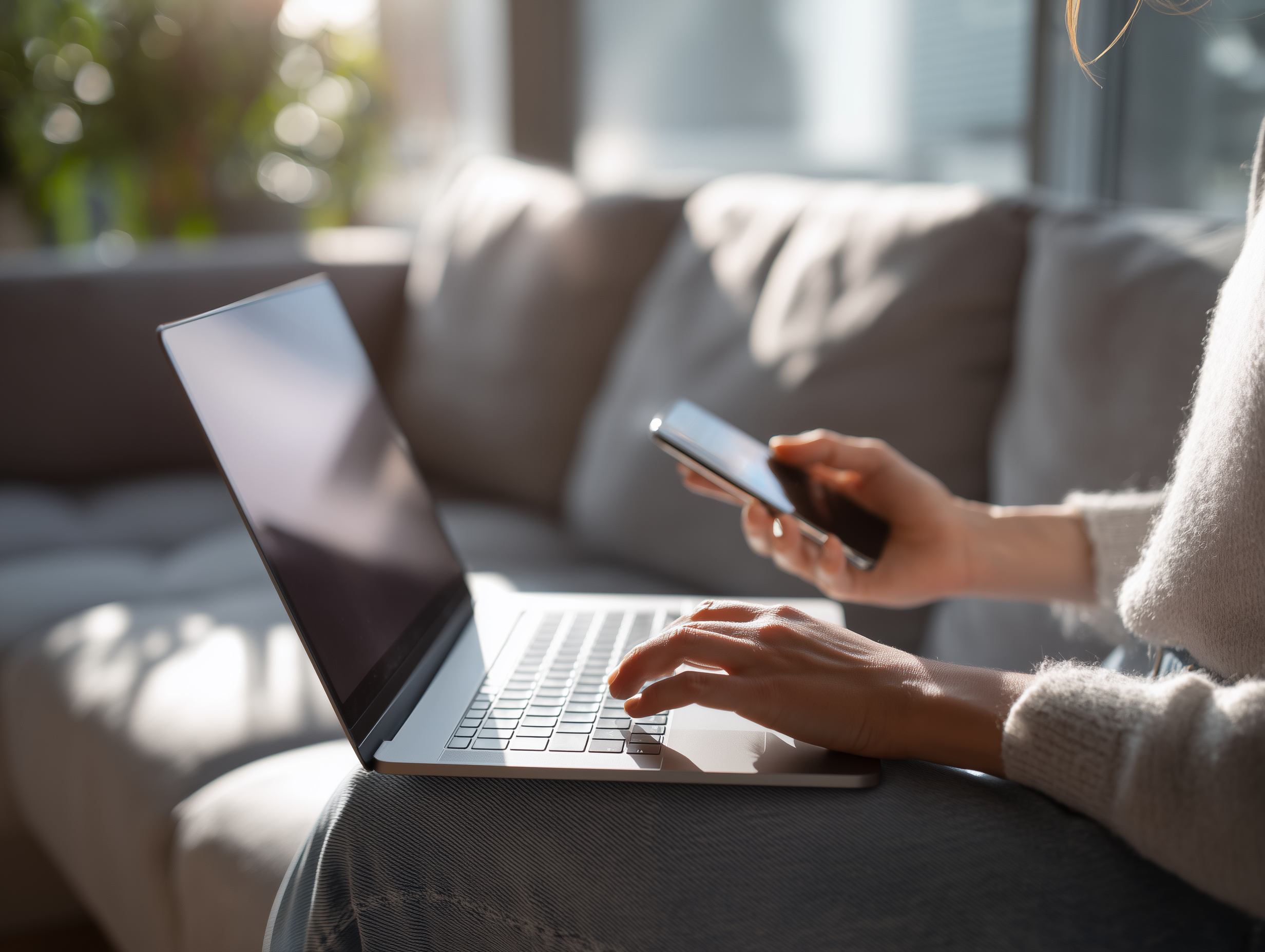 A person using a laptop and smartphone on a couch in a bright room.