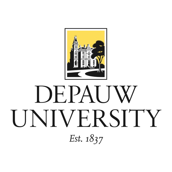 Depauw University logo with a building and trees, and text 'Depauw University' with 'Est. 1837'.