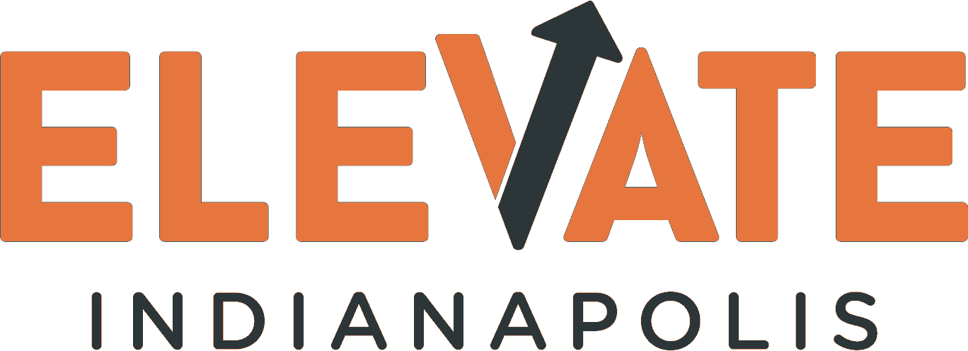 Logo with the word 'ELEVATE' in bold orange letters, a black upward arrow replacing the letter 'V,' and 'INDIANAPOLIS' written below in smaller black letters.