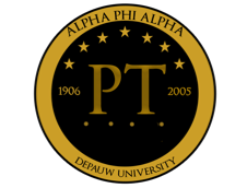 University emblem with gold and black colors, featuring Greek letters Pi and Tau, and the text 'Alpha Phi Alpha' and 'DePauw University 1906 2005'.