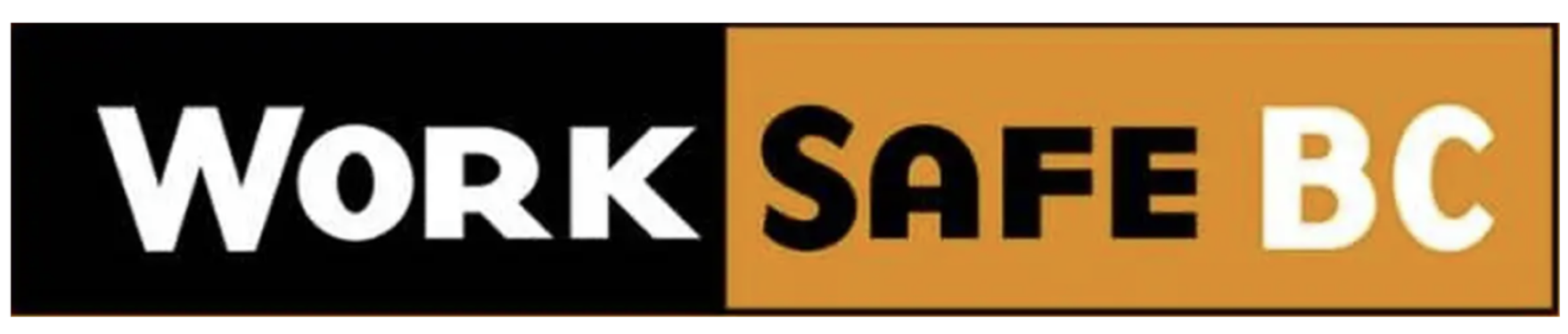 Logo with the words 'Work Safe BC' in bold letters, black and white on a black background, and gold on a gold background.