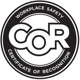 A circular black and white badge that reads 'Workplace Safety Certificate of Recognition' with the 'CoR' acronym in the center.