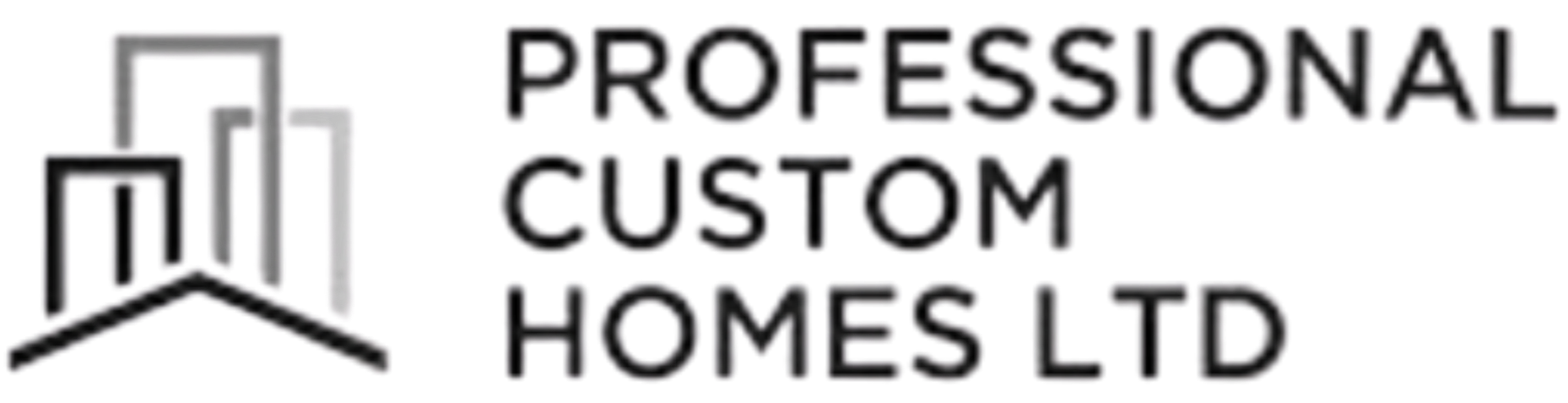 Logo for Professional Custom Homes Ltd featuring a stylized house with vertical and horizontal lines and the company name next to it.