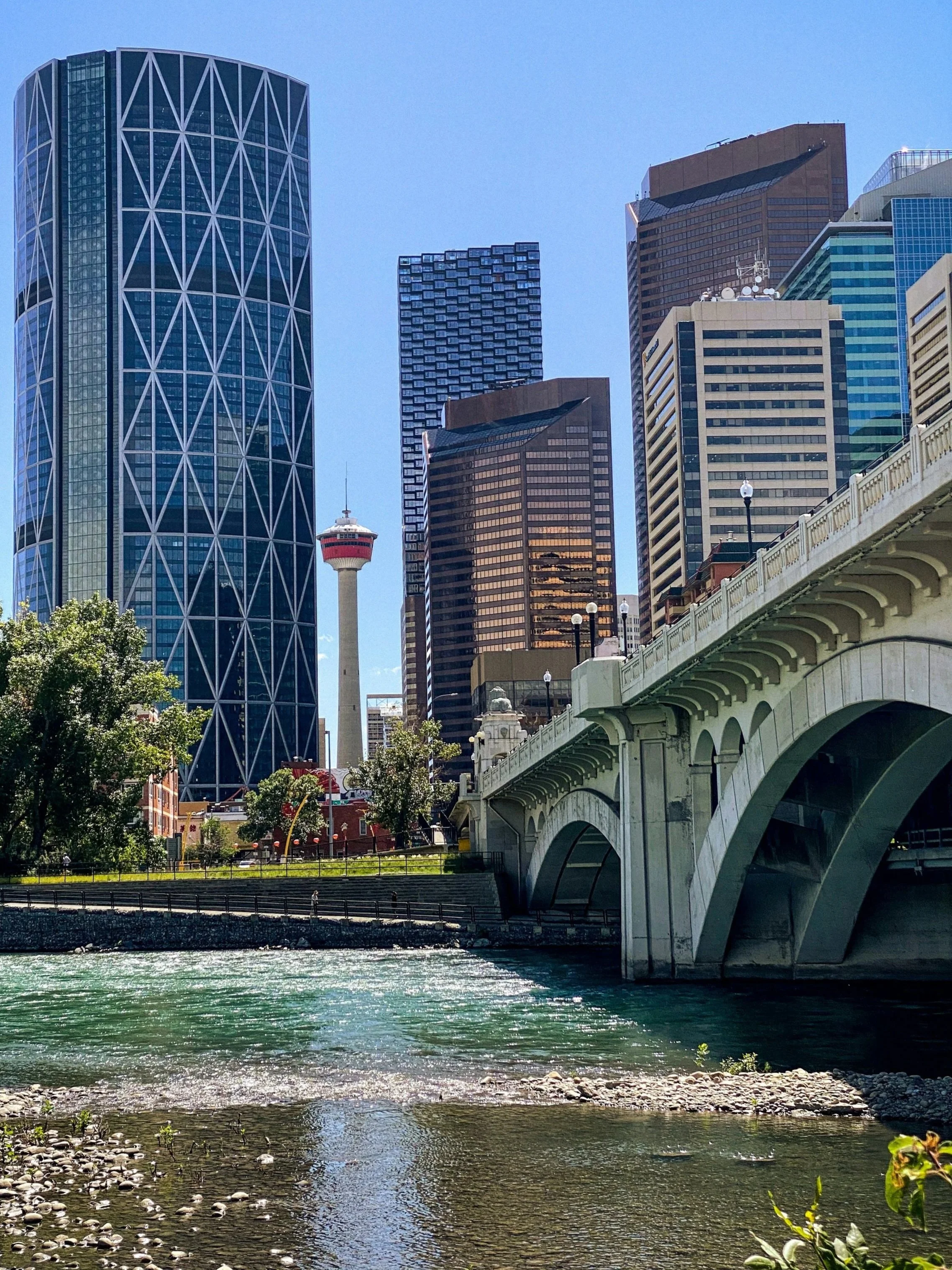 A cityscape featuring tall modern skyscrapers with various architectural styles, a bridge over a river, and a prominent tower with a red and white observation deck in the background.