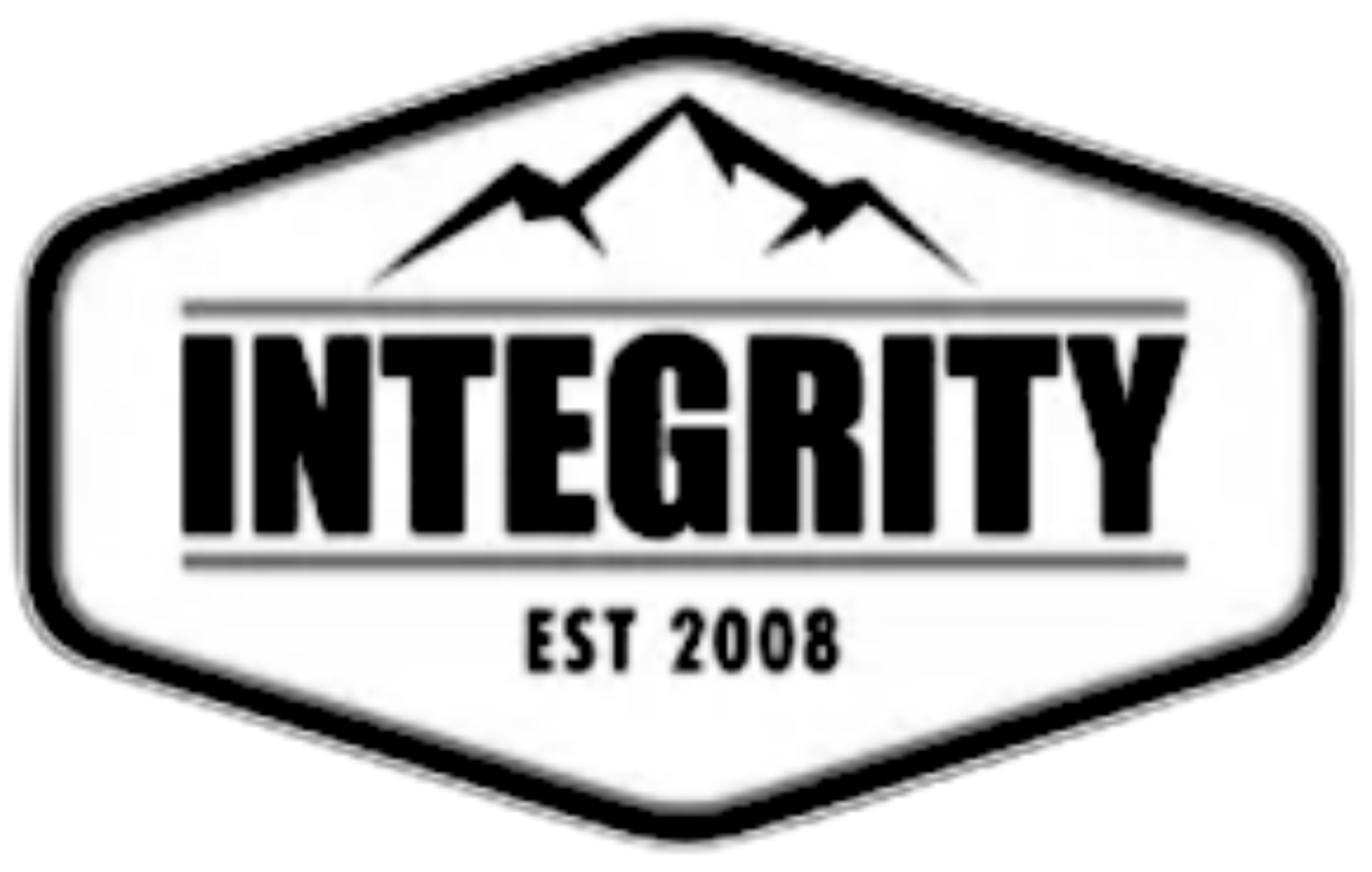 A black and white logo with the word 'INTEGRITY' in bold capital letters, a mountain range above, and the text 'EST 2008' below, enclosed in a rounded rectangular border.