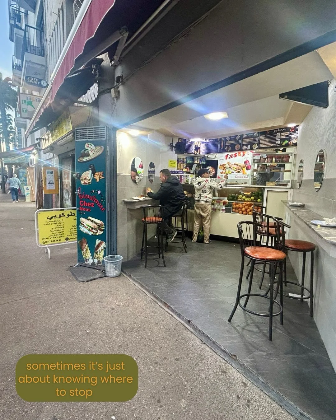 You don&rsquo;t always need a caf&eacute;.
Sometimes it&rsquo;s just about knowing where to stop. 

Look for places with a small crowd, a hot surface, and things moving quickly. 

A local spot for msemen, harcha and other quick bites made to order.
 