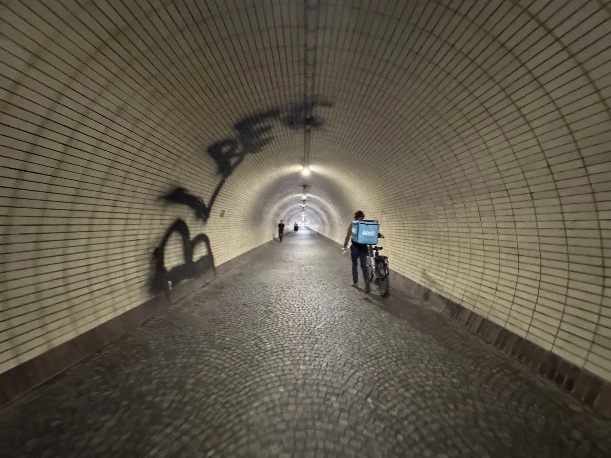 A hallway or tunnel with yellow-tiled curved walls, a cobblestone floor, and ceilings with lighting fixtures. There are a few people walking, one with a bicycle or delivery bag.