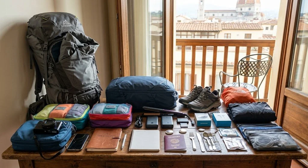 Travel essentials including a backpack, shoes, clothing, electronics, and toiletries arranged on a wooden table near a window with a balcony.