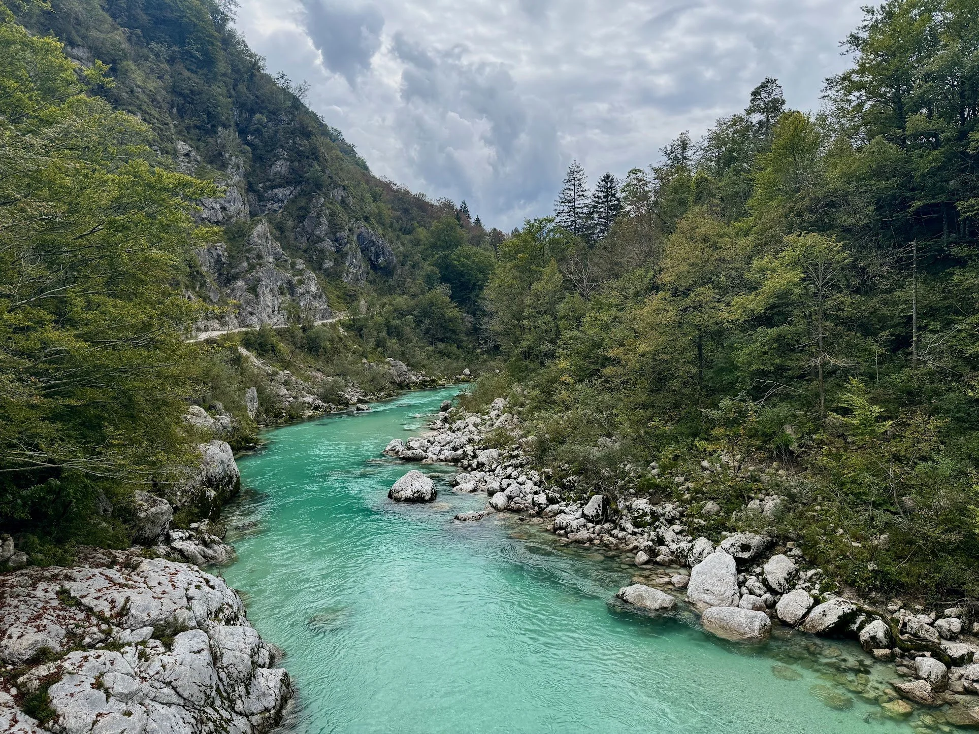 A turquoise river flows through a rocky canyon with lush green trees and mountains on either side under a cloudy sky.
