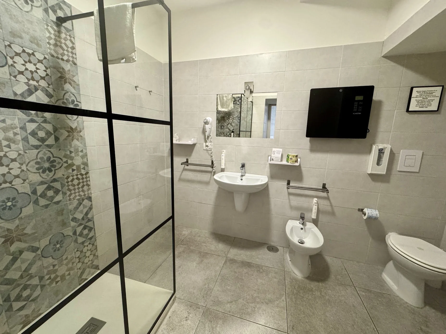 Hotel bathroom with a walk-in shower, sink, bidet, toilet, and a wall-mounted television.