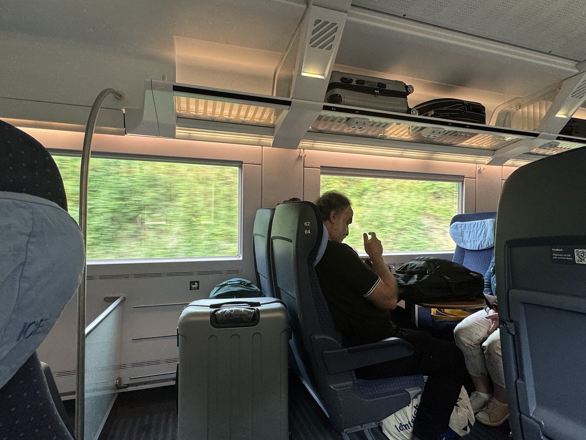 People sitting on a train, some with their heads down, while a few are engaged with their phones or resting. The train interior includes overhead storage with passengers' belongings, large windows showing a blurred green landscape outside, and seats 