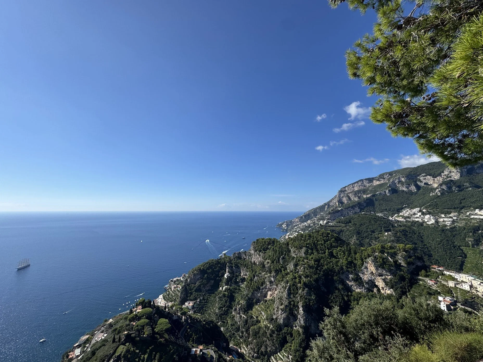 A scenic coastline with a deep blue sea, green hills, and a clear blue sky. Several boats are visible on the water, and houses are scattered along the hillside on the right side of the image. A large tree branch with green pine needles is in the uppe