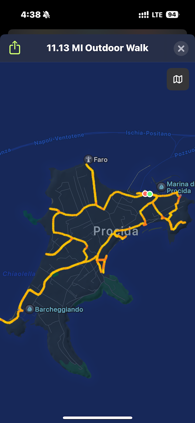 Map showing an 11.13-mile outdoor walk route in Procida, Italy, with highlighted roads and landmarks including Faro, Marina di Procida, and Barcheggiando.