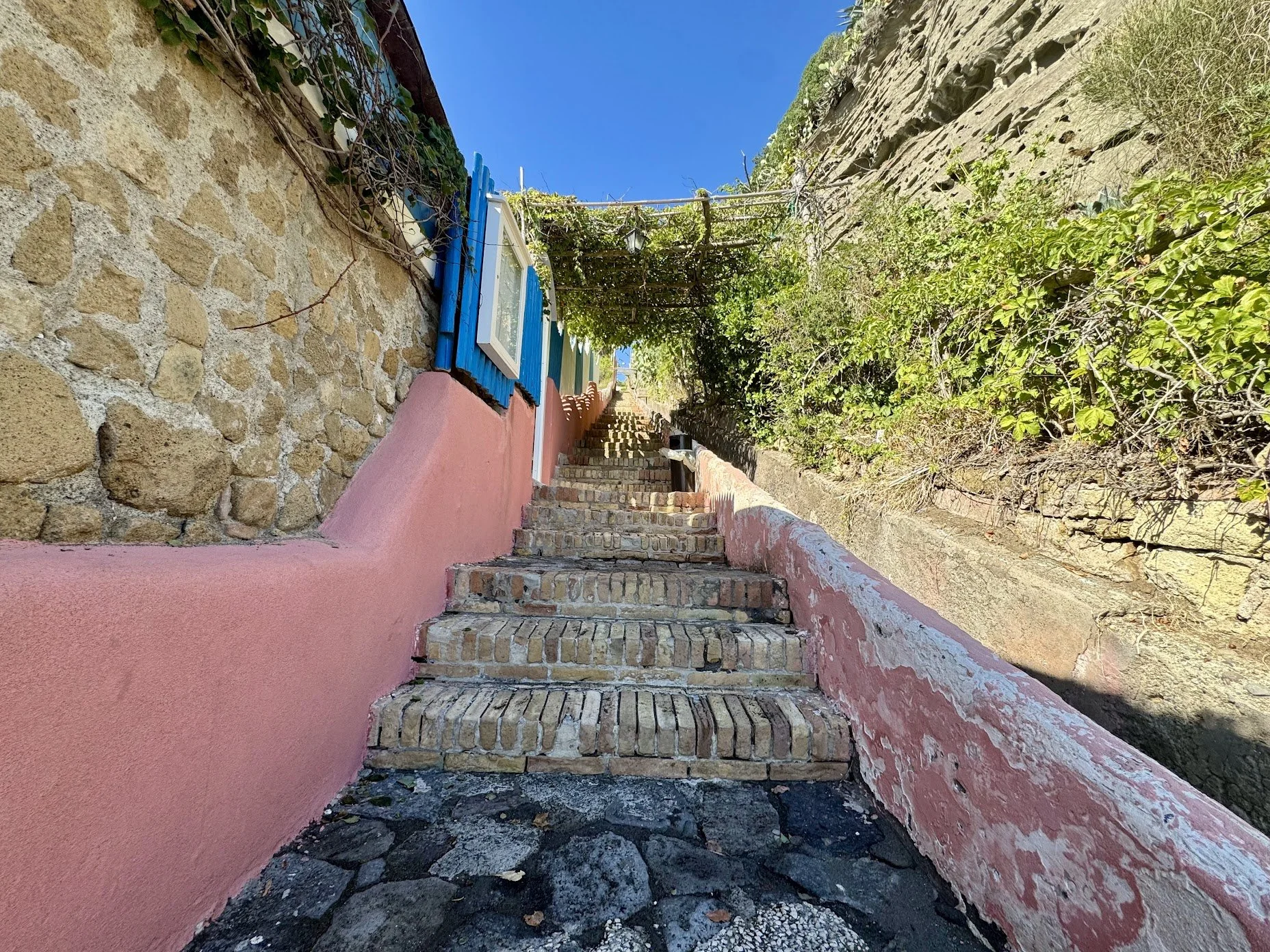 Brick staircase with pink walls on either side, leading upward against a clear blue sky. Vines and greenery are growing along the right side and top of the staircase, with a stone wall on the left. A blue window frame is on the left side of the stair