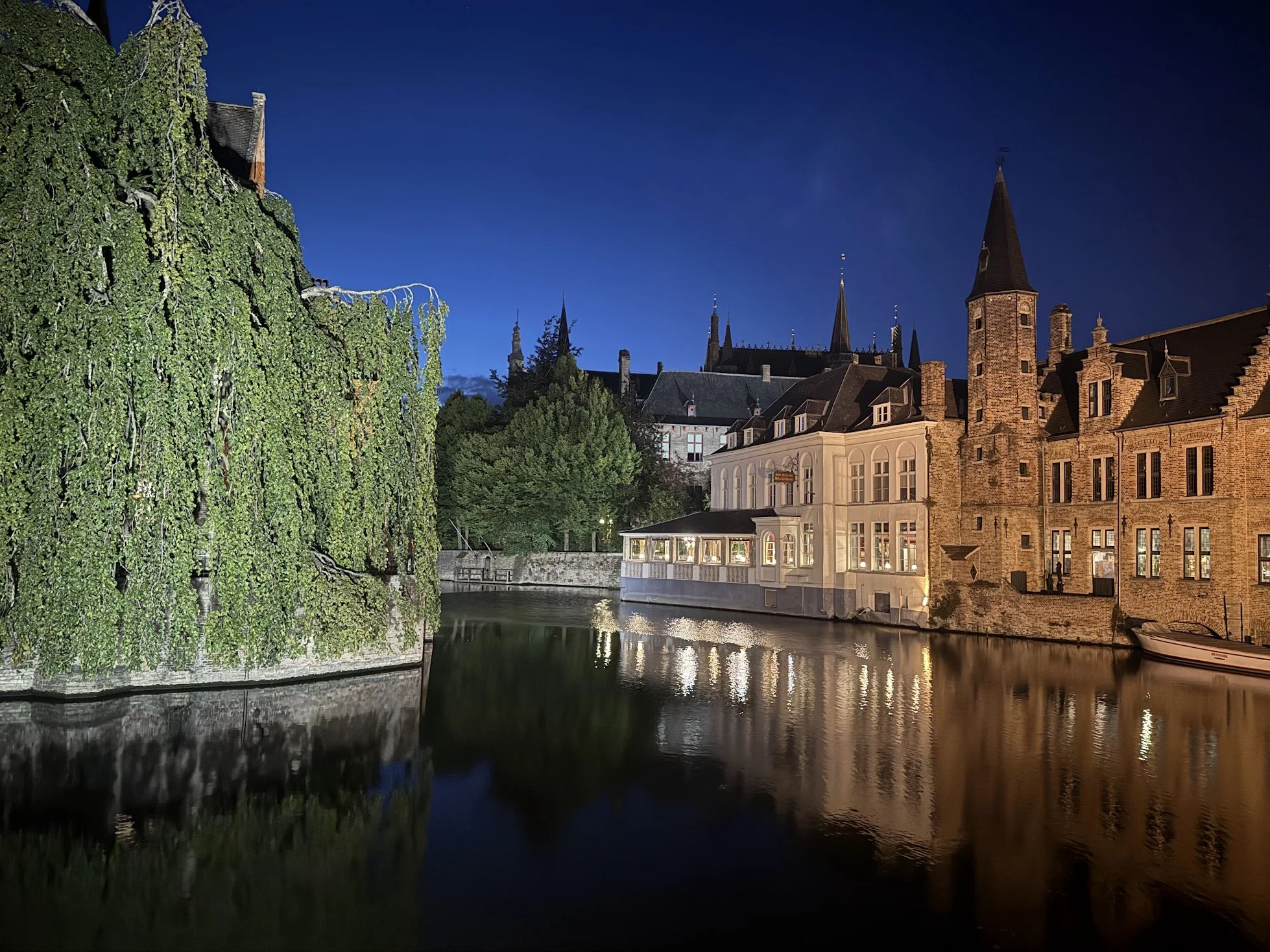 Nighttime view of a historic European town with castle-like buildings and church spires reflected in a river, surrounded by greenery.