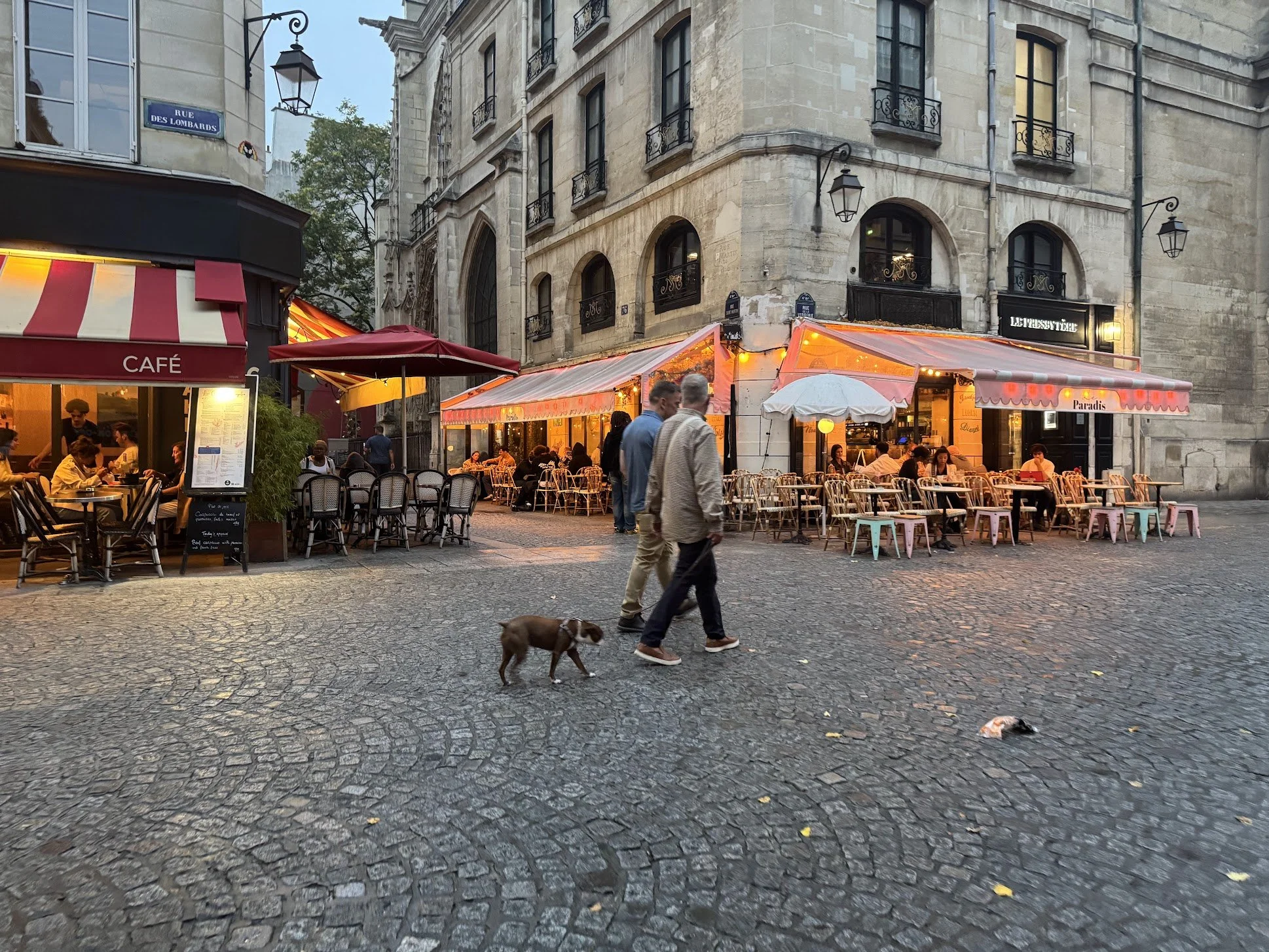 Outdoor café and restaurant seating area in a historic European street with stone buildings, street lamps, and red and white striped awnings. Several people are walking by, and a dog is walking on the cobblestone street.