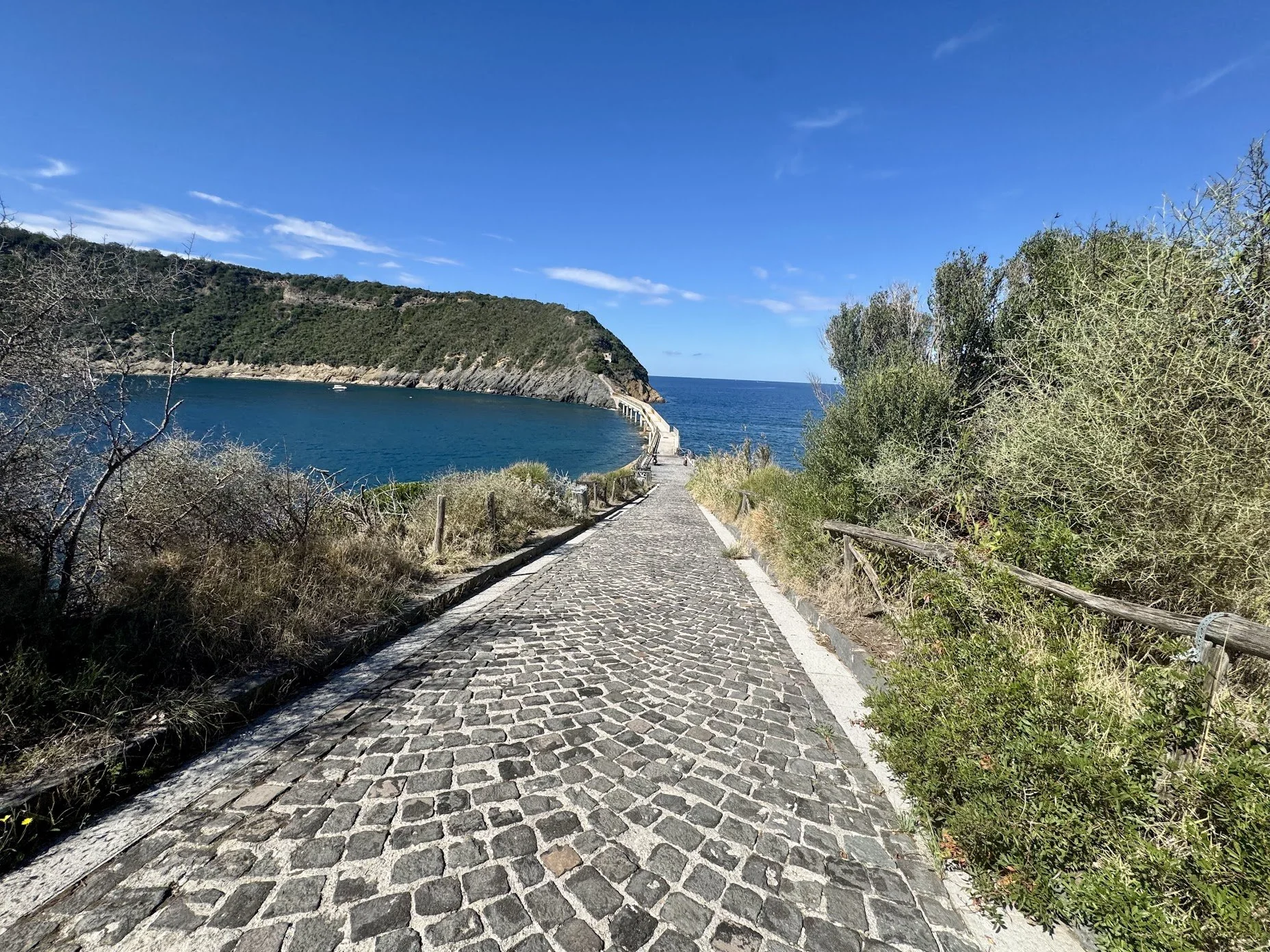 A cobblestone path leading to a pier that extends into the ocean, with a hill covered in green vegetation on the left and bushes on the right under a blue sky with a few clouds.