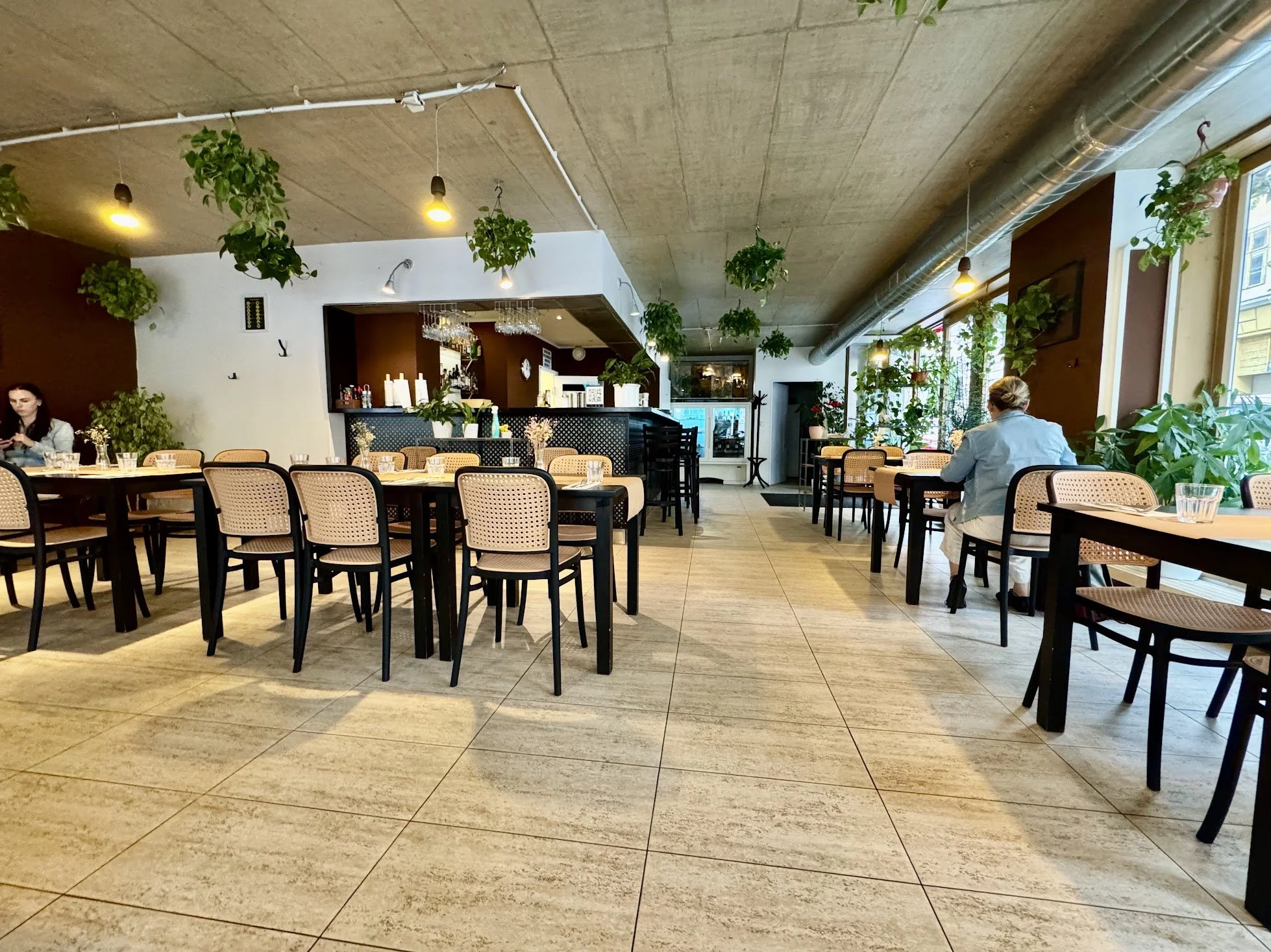 Interior view of a modern restaurant or cafe with tables and chairs, hanging plants, large windows, and a bar area in the background. Customers are seated and enjoying their meals.