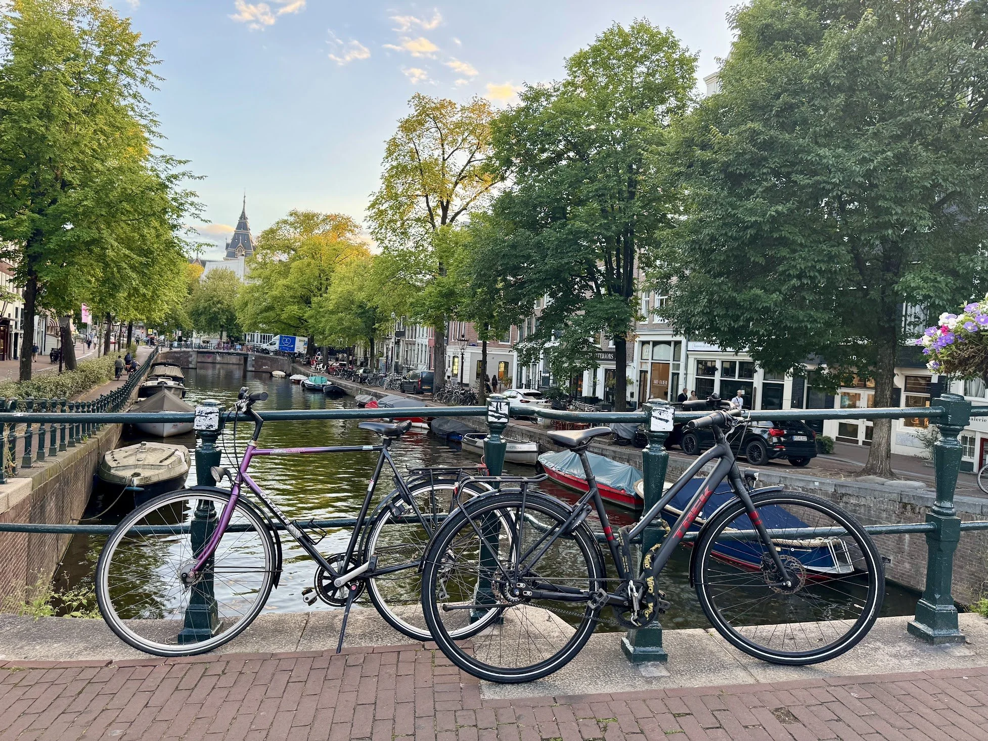 Bicycles parked along a canal with boats, lined with trees and buildings, in what appears to be a European city street.