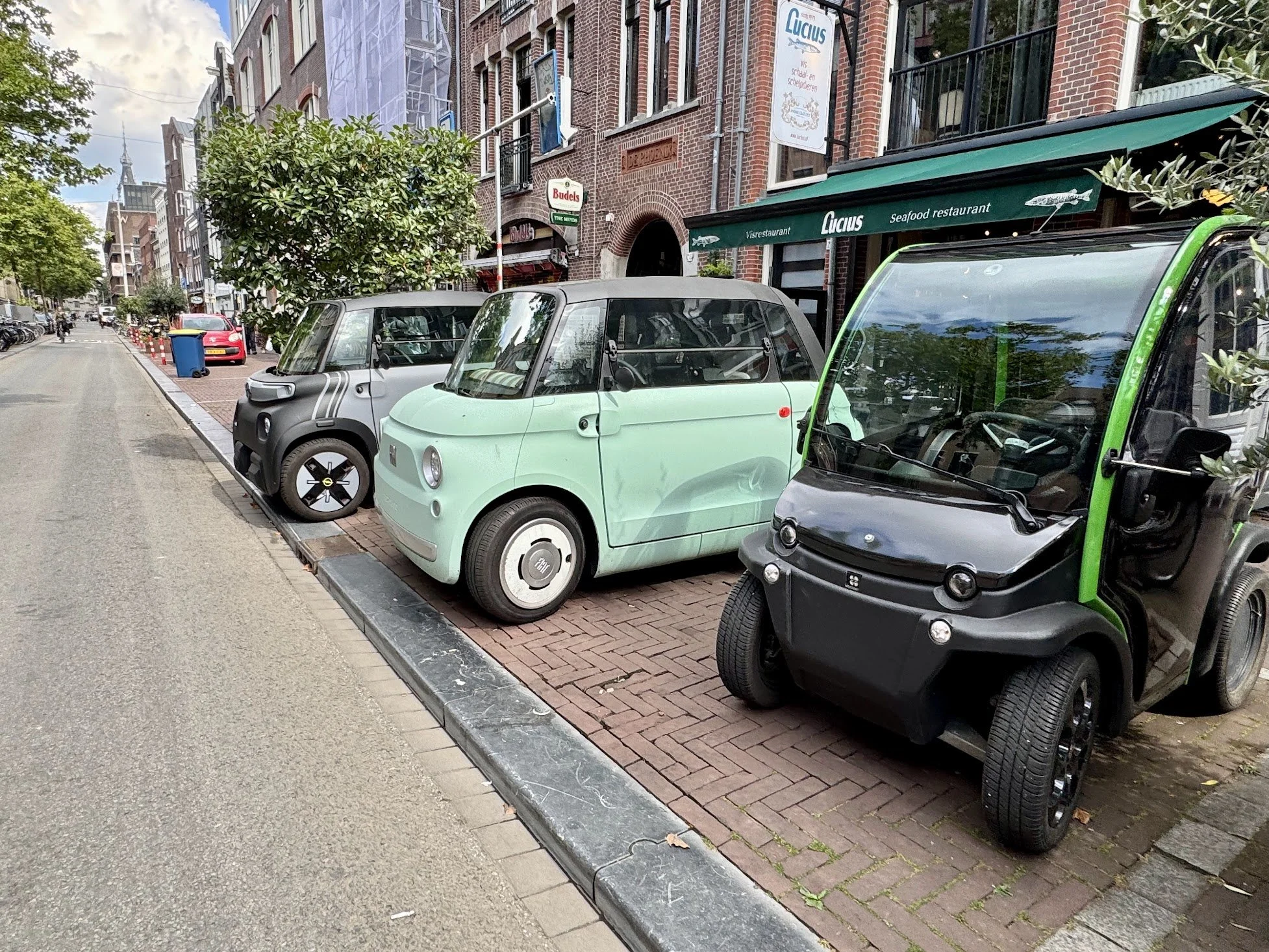 Street view showing parked electric vehicles in front of a brick building with signage for a seafood restaurant called 'Lucius' and an adjacent pub called 'Budels'. There are trees and pedestrians further down the street.