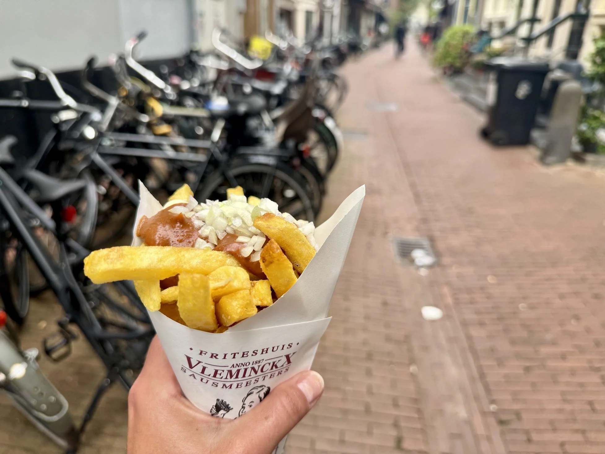 A person holding a paper cone of French fries topped with chopped onions and ketchup on a city sidewalk, with bicycles and pedestrians in the background.