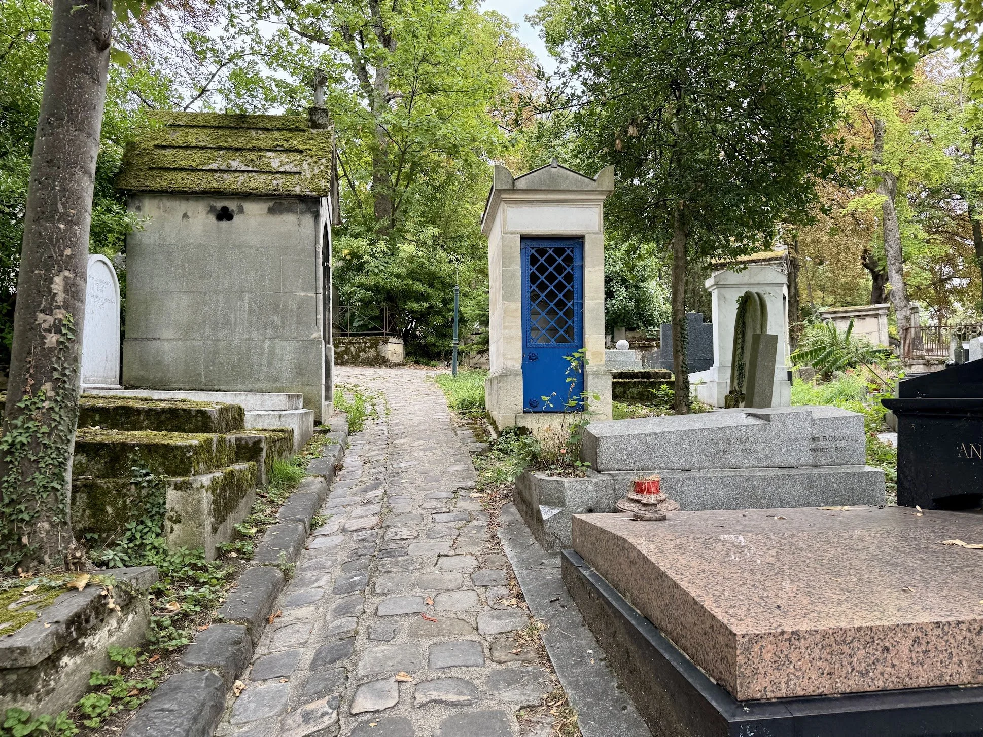 A small graveyard with trees and tombstones, a narrow paved path, some graves with stone covers, one with a blue door and others with moss-covered structures.