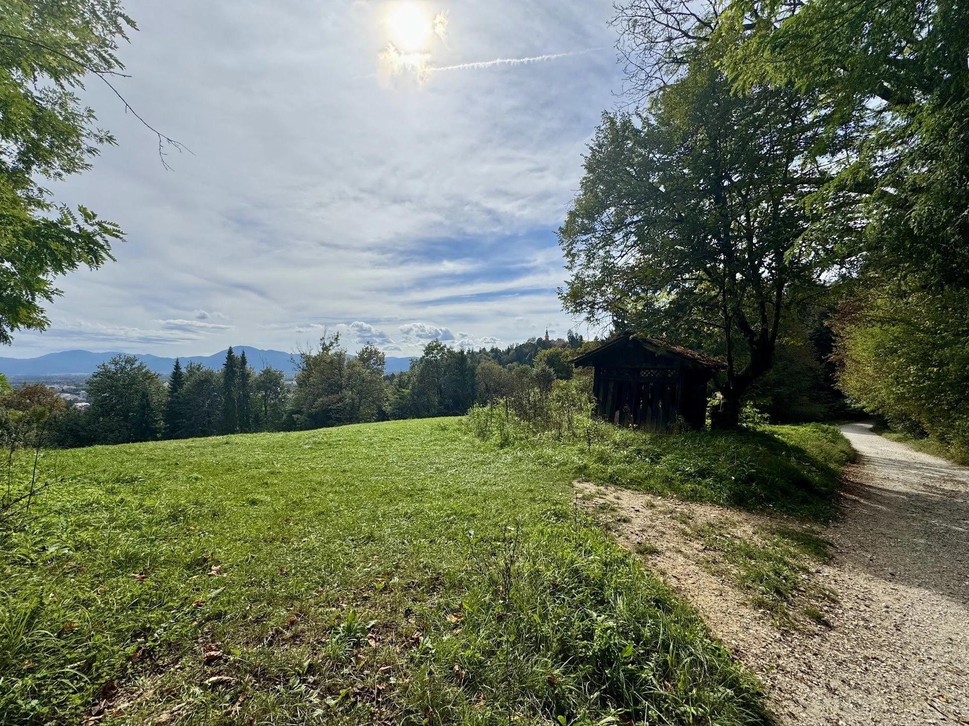 A scenic view of a park or countryside with green grassy field, a winding dirt path, trees with green leaves, a small wooden structure, and mountains in the background under a partly cloudy sky with the sun shining.