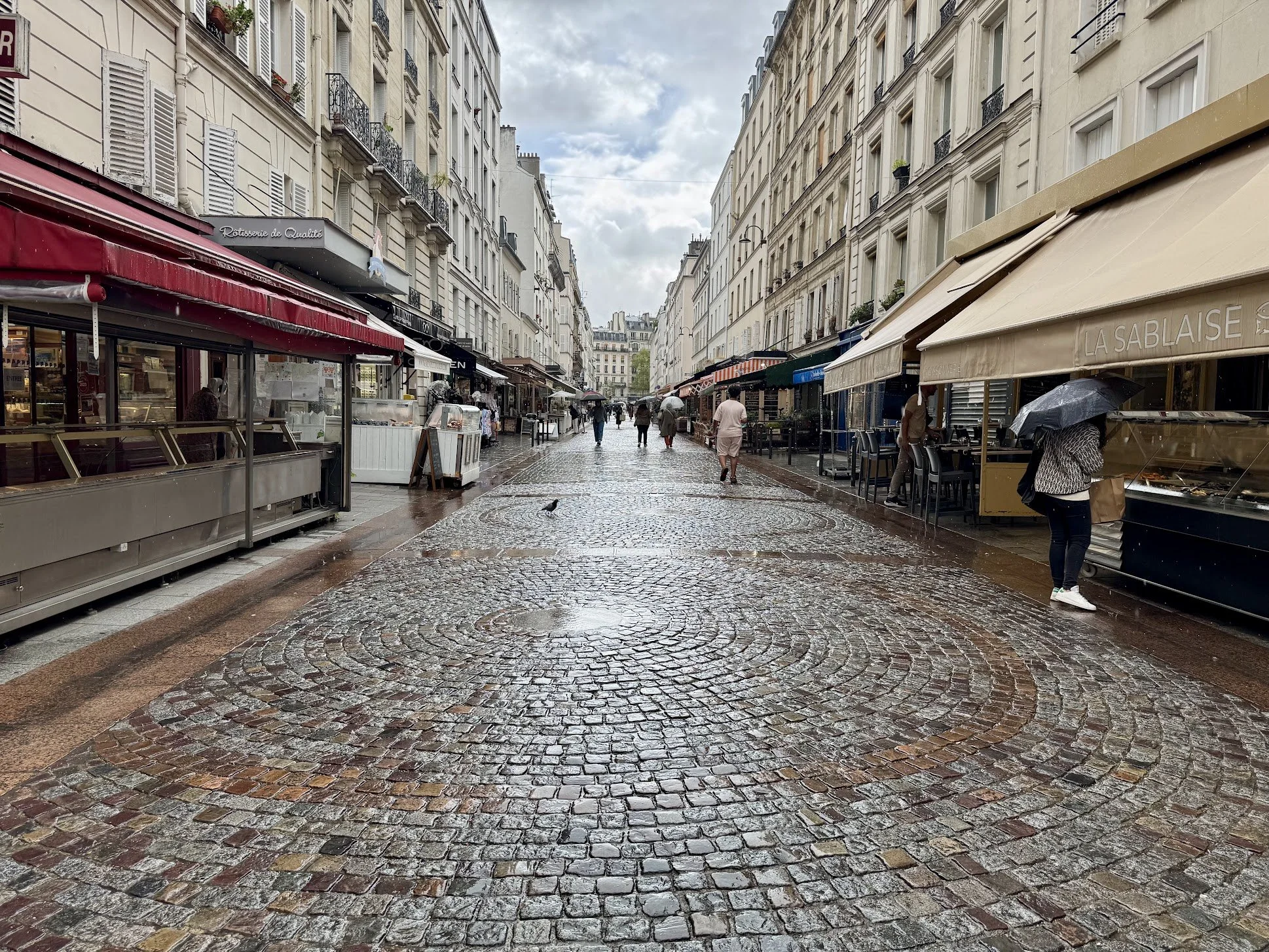A cobblestone street in Paris, France, with shops and cafes on each side. People are walking with umbrellas, and some storefronts have awnings. The sky is partly cloudy.