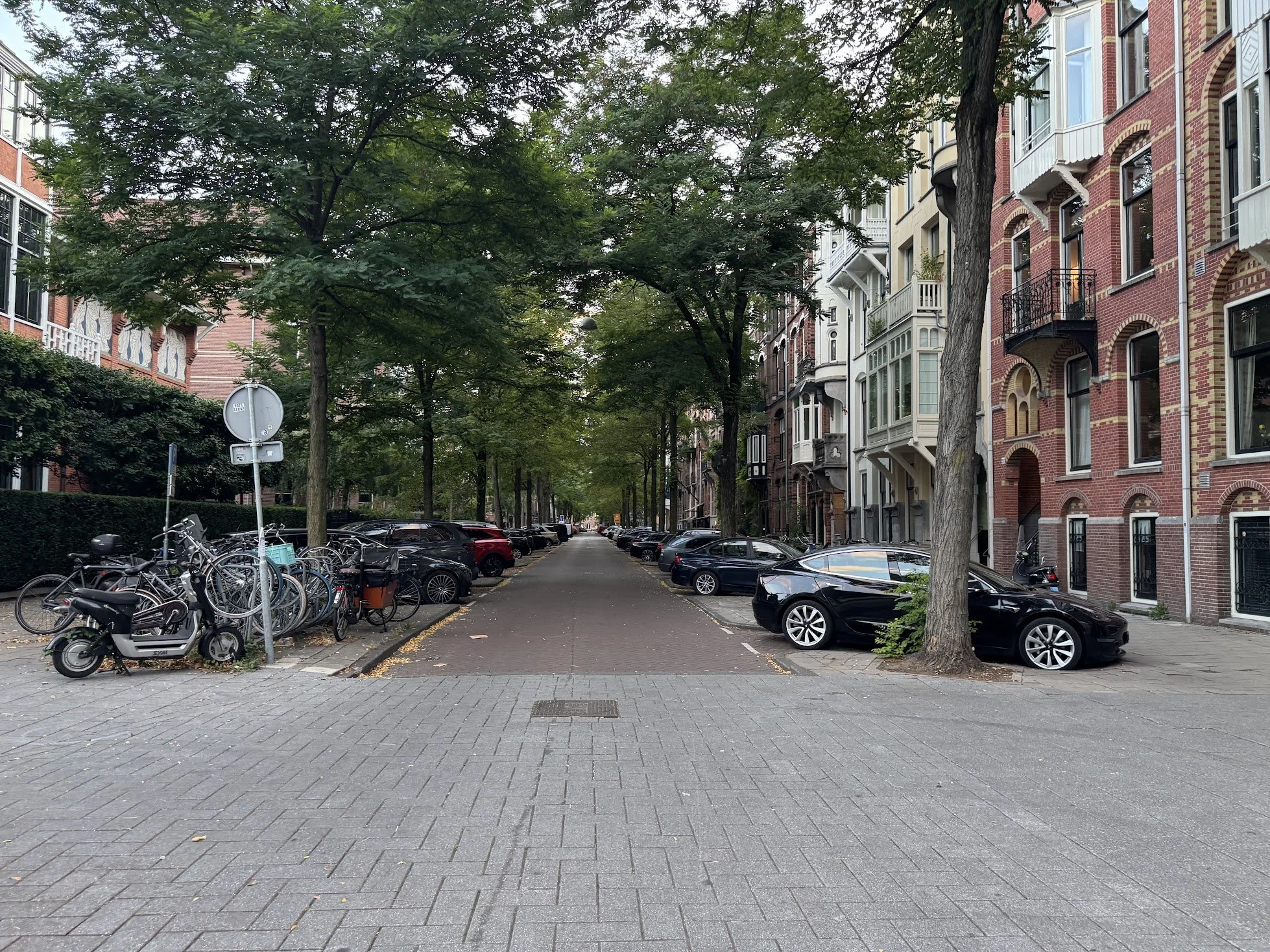 A street with bicycles parked on the left, cars parked along both sides, and trees lining the sidewalk with residential buildings on the right.