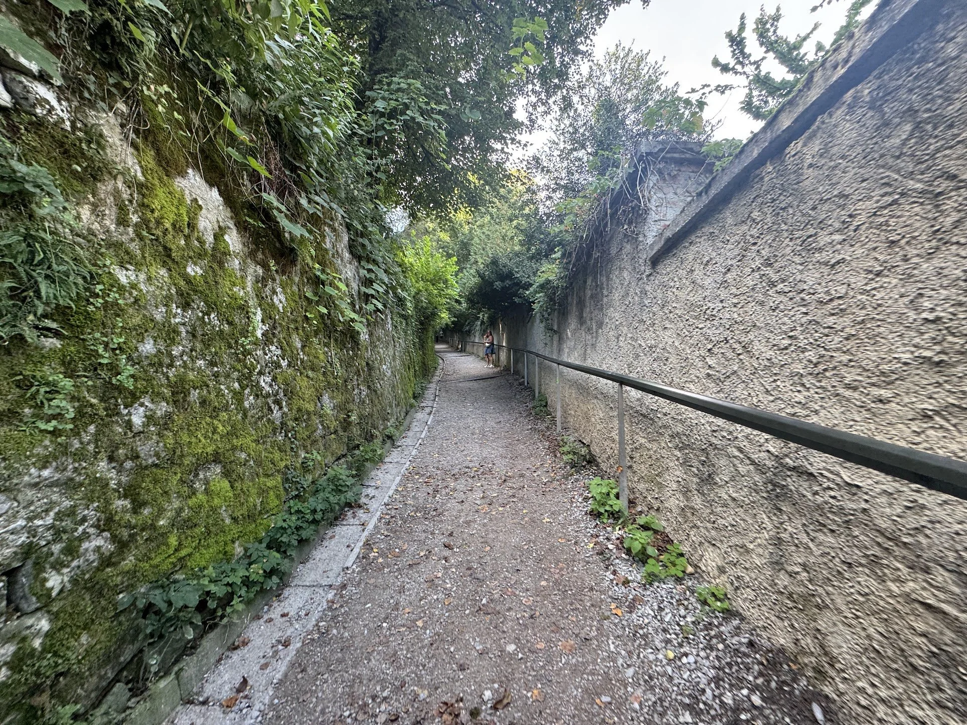 A narrow sidewalk enclosed by two stone walls, one covered with moss and greenery, and the other plain. The path curves and is lined with a metal railing on one side. A person is seen standing further down the path, surrounded by trees and foliage.