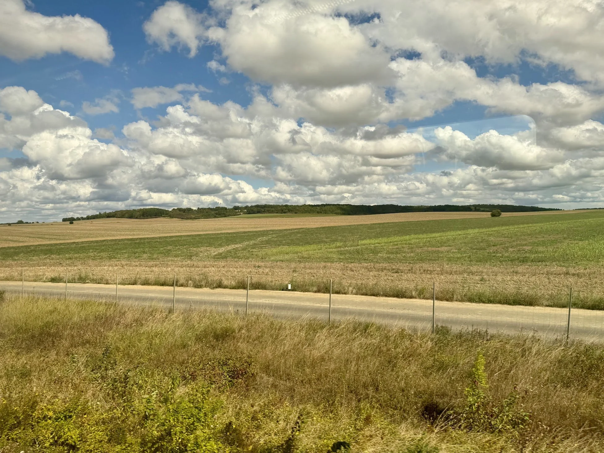 A wide open field with patches of green grass and brown harvested crops, a two-lane road in the foreground, a line of trees in the distance, and a sky filled with fluffy white clouds and patches of blue.