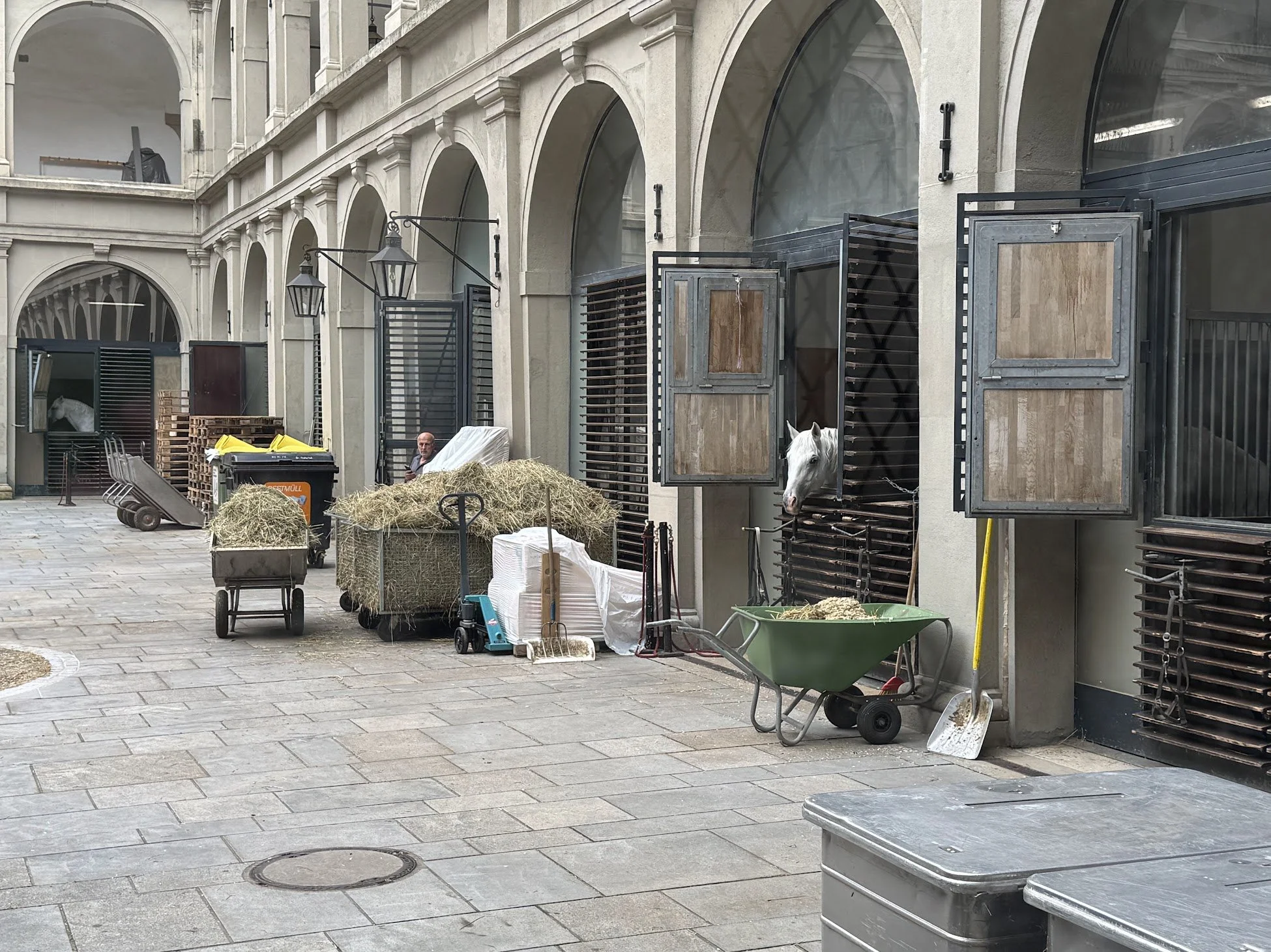 Backyard scene with horse stalls, hay, wheelbarrows, trash bins, and various farm equipment under a stone building with arched windows and black lamps.