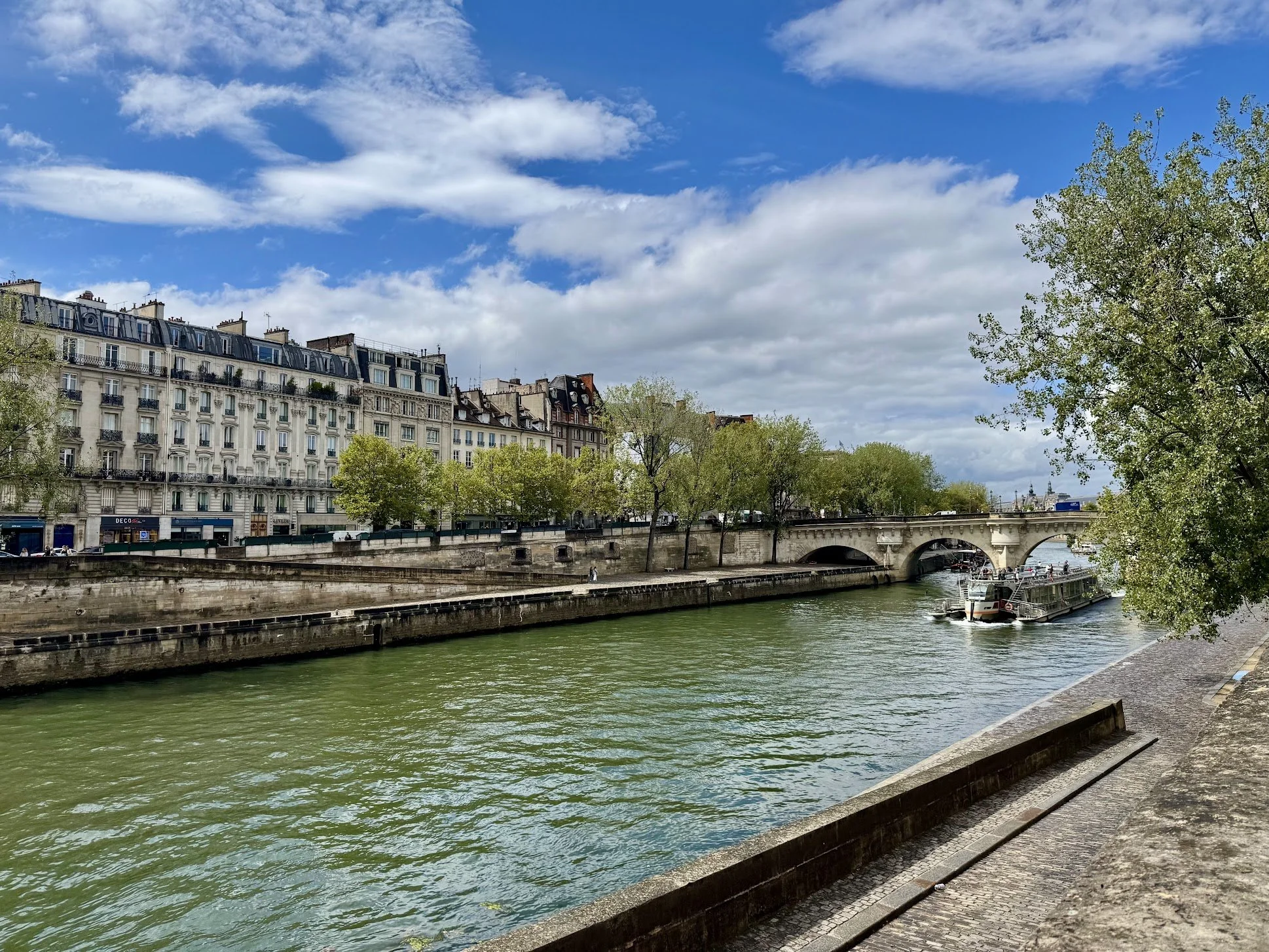 View of a river with a cityscape in the background, trees lining the riverbank, a stone bridge with arches, and a boat sailing on the water under a blue sky with scattered clouds.