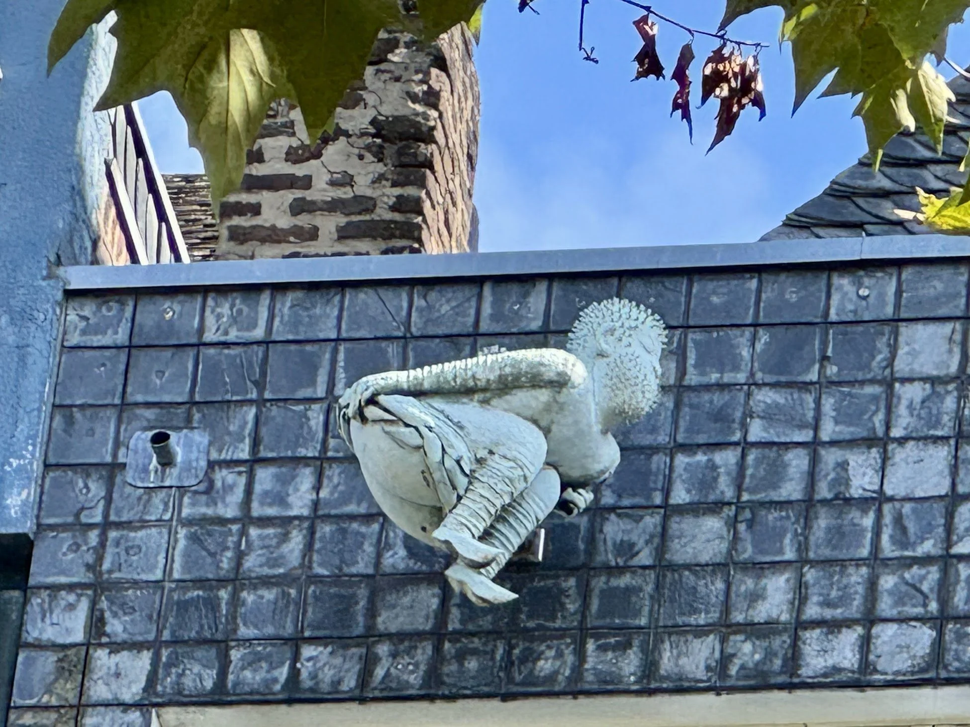 White decorative lizard sculpture on a tiled wall, with window and chimney in the background, and leaves and flowers at the top of the image.