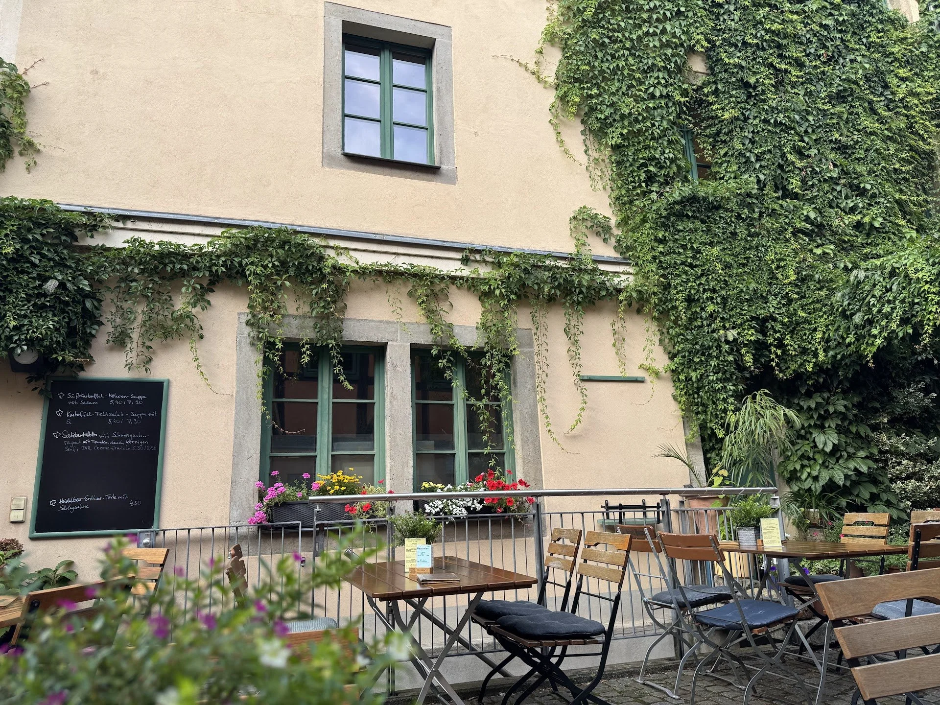 An outdoor seating area of a café with wooden tables and chairs in front of a beige building with green-framed windows and lush green ivy climbing the wall, alongside potted plants and a blackboard menu.